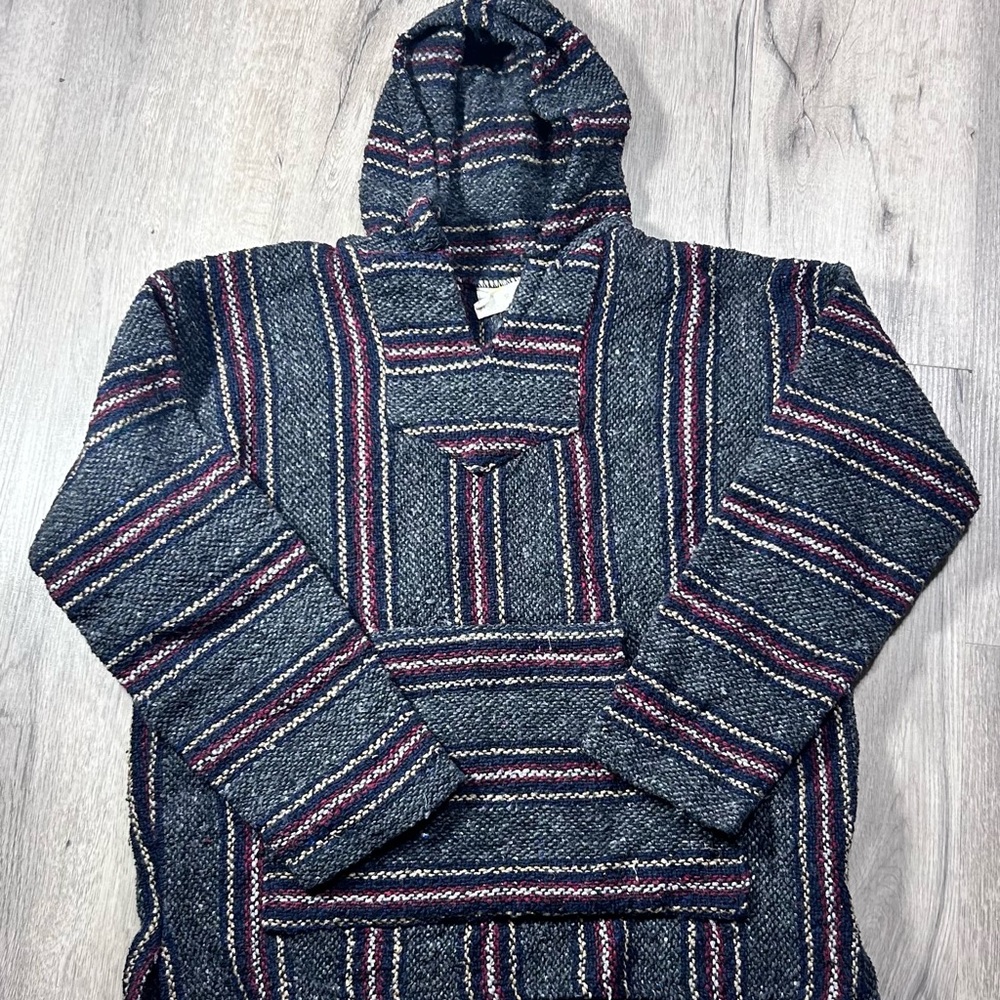 Vintage SUNSPECS baja hooded pullover‎ phoncho Medium surfer Mexico Grey Red Tan